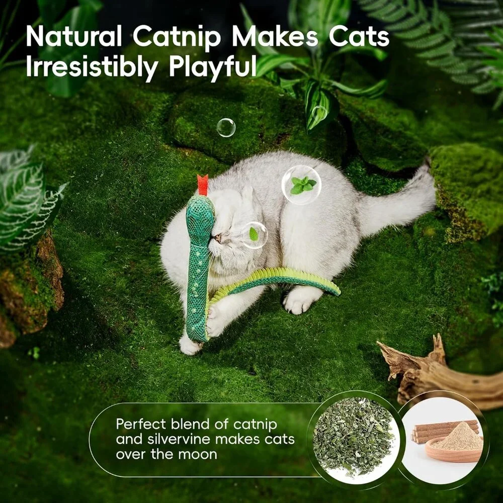 Cat Toys Realistic Snake Catnip Crinkly Sound Toy 2 Pcs, Mesh Fabric for Teeth